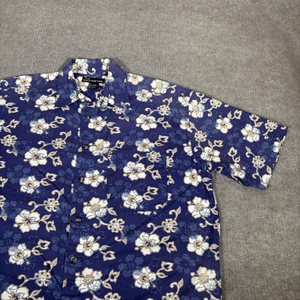 Vintage No‎ Boundries Shirt Mens M Short Sleeve Blue Floral Camp Hawaiian Y2K